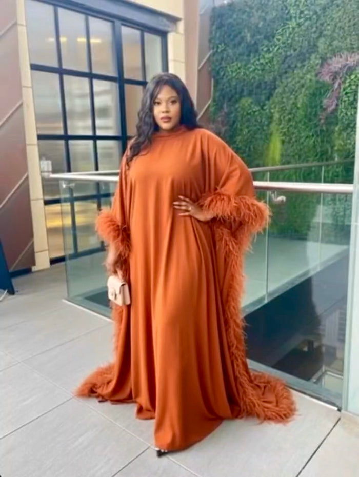 Luxe Ostrich Feather Trim Kaftan Dress | Elegant Statement Abaya