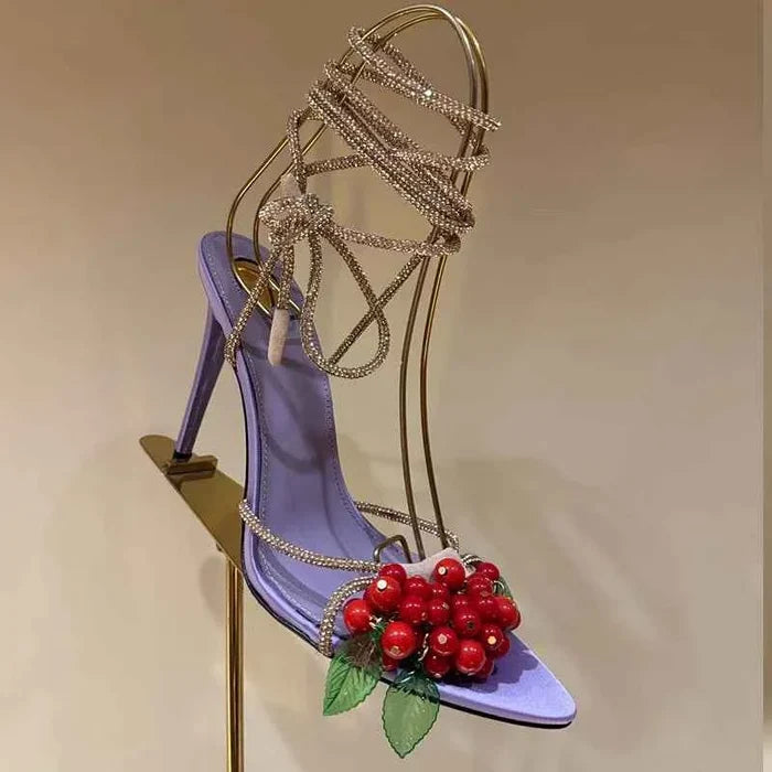 Luxury Crystal Ankle Wrap Stiletto Sandals with 3D Grape Charm Pointed Toe High Heels