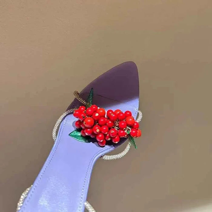 Luxury Crystal Ankle Wrap Stiletto Sandals with 3D Grape Charm Pointed Toe High Heels