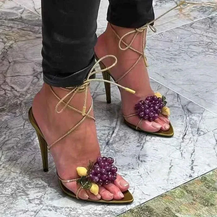 Luxury Crystal Ankle Wrap Stiletto Sandals with 3D Grape Charm Pointed Toe High Heels