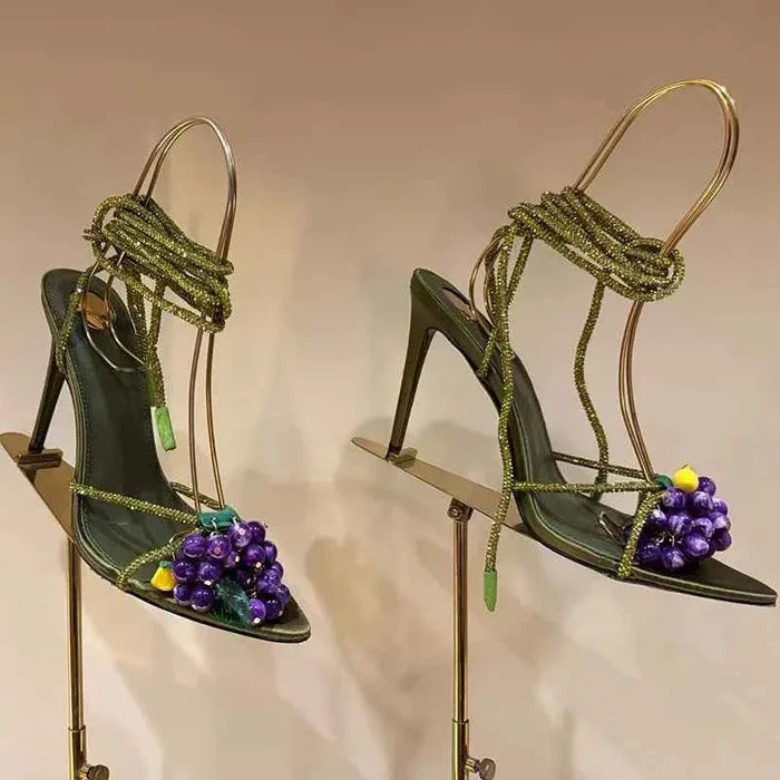Luxury Crystal Ankle Wrap Stiletto Sandals with 3D Grape Charm Pointed Toe High Heels