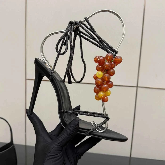Luxury Crystal Ankle Wrap Stiletto Sandals with 3D Grape Charm Pointed Toe High Heels