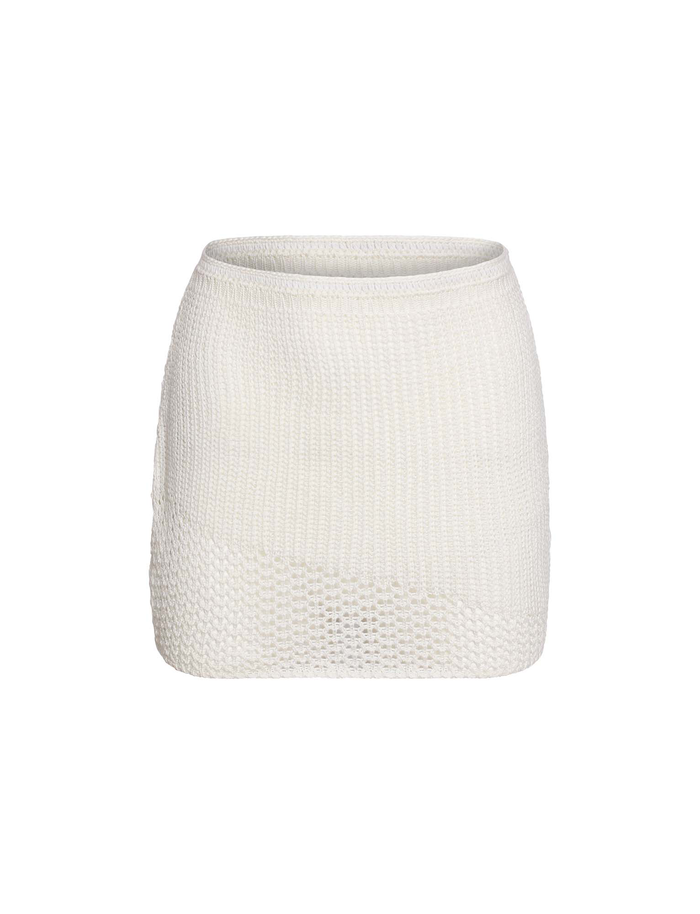 The MACAULEY MINI SKIRT by TIGERMIST is a white, textured crochet mini skirt with a bodycon fit, shown against a plain white background.