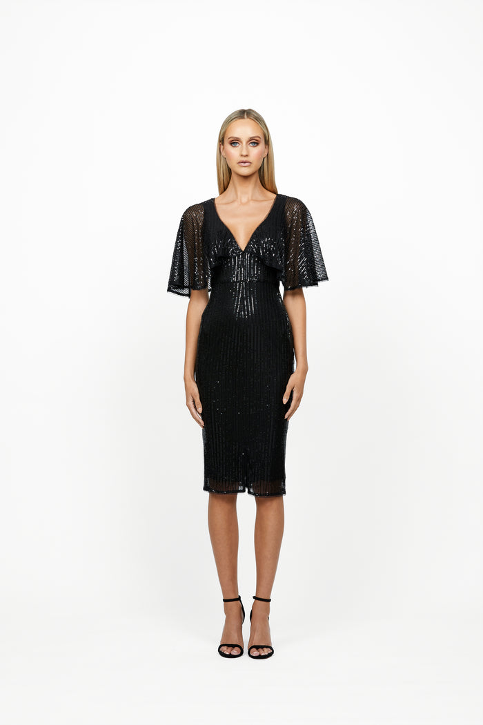 Maci Cape Sleeve Sequin Midi 16 Black - Dress - Bariano