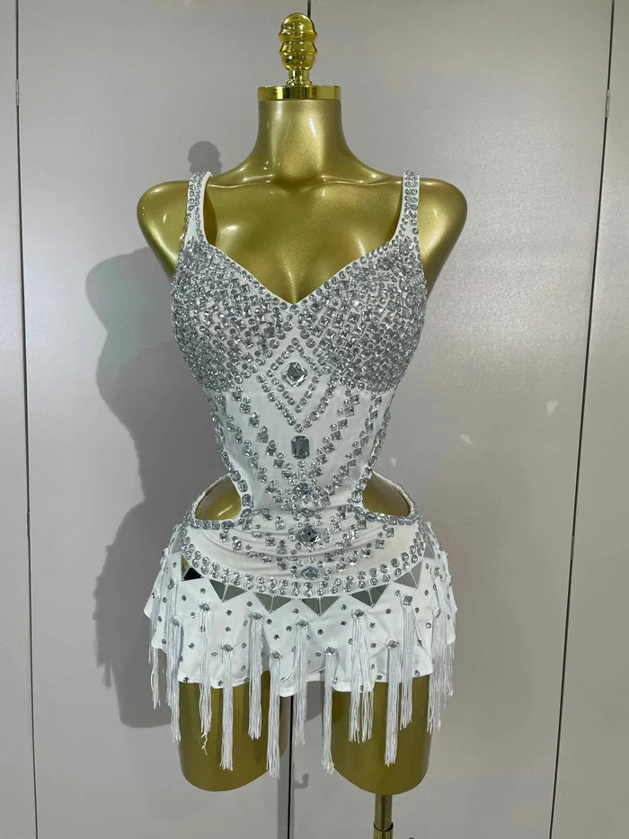 Madelle Silver Rhinestone Tassel Bodysuit Dress