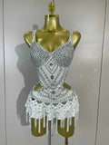 Madelle Silver Rhinestone Tassel Bodysuit Dress