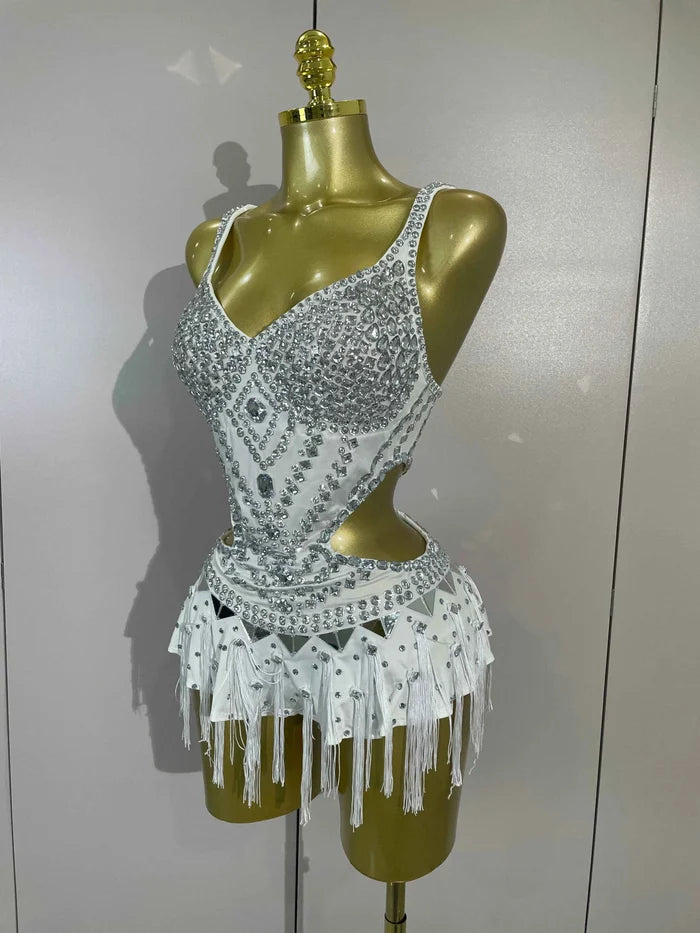 Madelle Silver Rhinestone Tassel Bodysuit Dress
