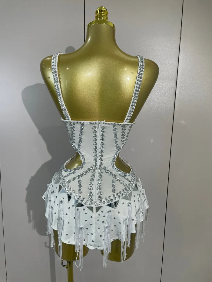 Madelle silver rhinestone tassel bodysuit dress for women. Sexy performance outfit for nightlife, stage wear, and parties.