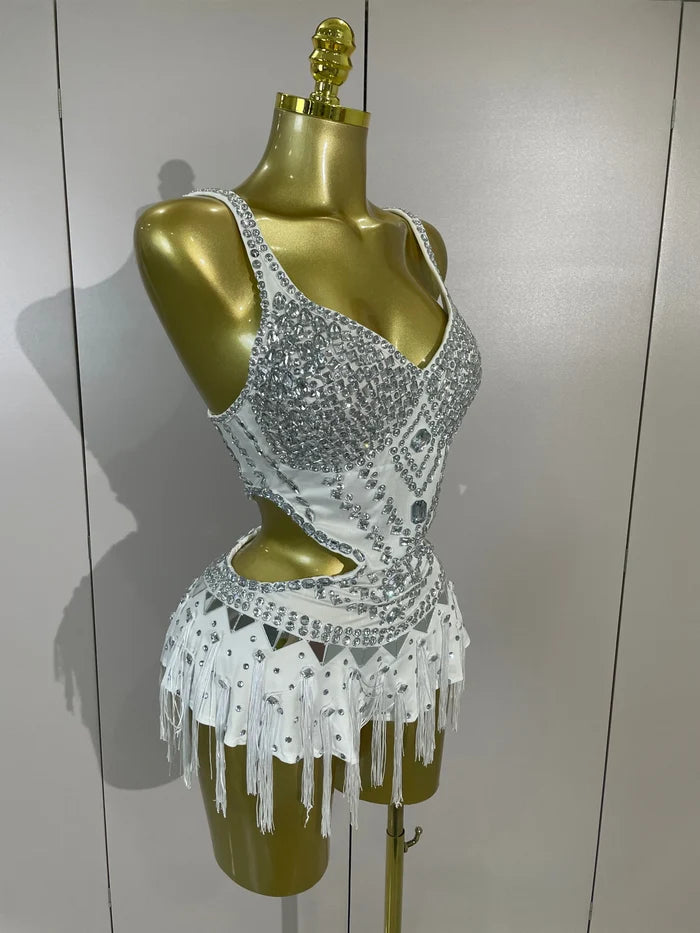 Madelle silver rhinestone tassel bodysuit dress for women. Sexy performance outfit for nightlife, stage wear, and parties.