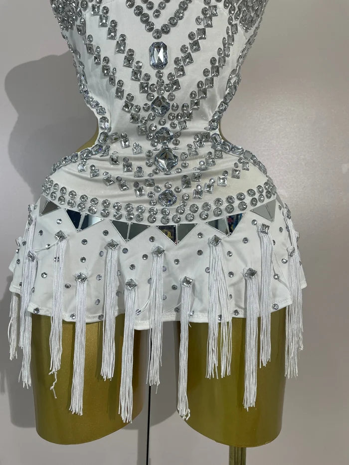 Madelle silver rhinestone tassel bodysuit dress for women. Sexy performance outfit for nightlife, stage wear, and parties.