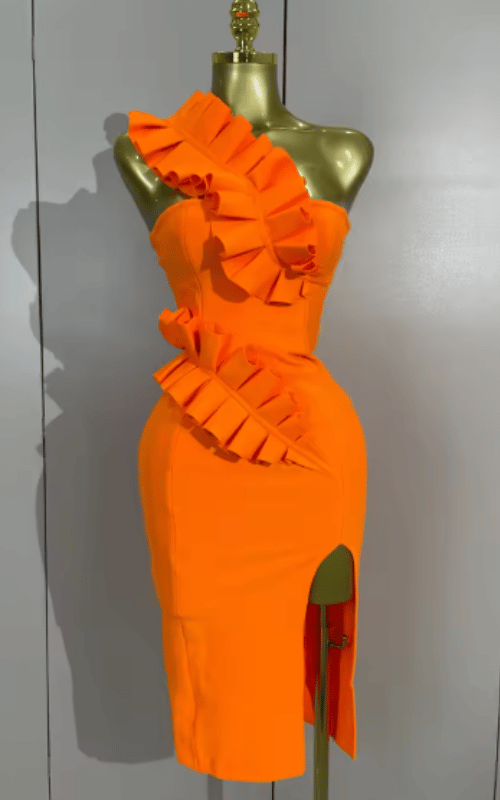 Malia one shoulder ruffle split bandage gown for women. Elegant luxury dress for prom, birthdays, evening parties, and events.