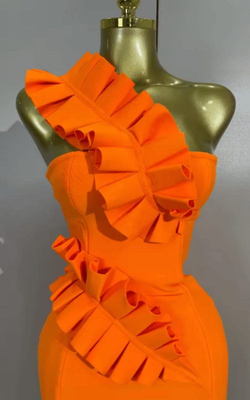 Malia one shoulder ruffle split bandage gown for women. Elegant luxury dress for prom, birthdays, evening parties, and events.