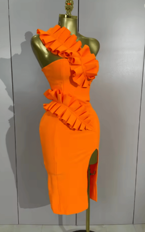 Malia one shoulder ruffle split bandage gown for women. Elegant luxury dress for prom, birthdays, evening parties, and events.