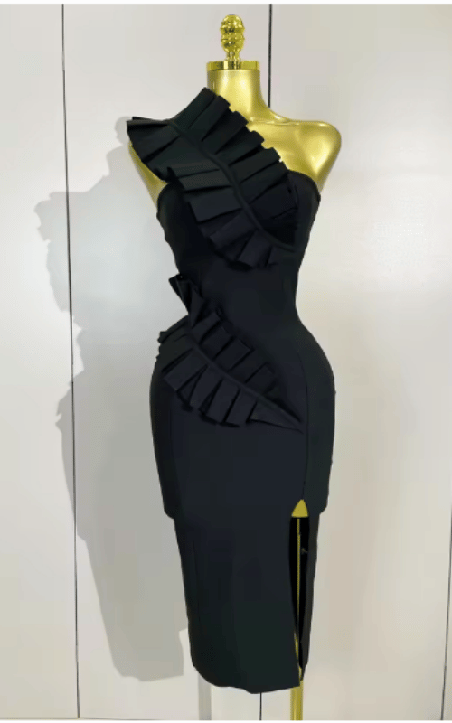 Malia one shoulder ruffle split bandage gown for women. Elegant luxury dress for prom, birthdays, evening parties, and events.