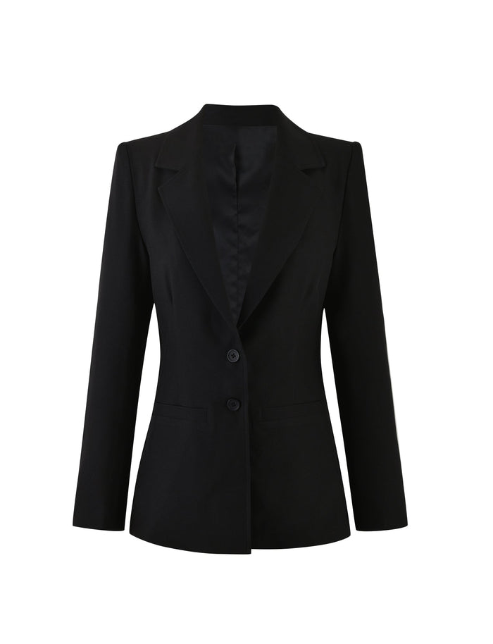 The MARJORIE JACKET - BLACK by TIGERMIST is a women's blazer with a tailored fit, featuring a notched lapel collar, two-button front closure, and two front pockets. The blazer boasts a sleek, simple design suitable for formal or professional settings, making it an exquisite addition to the TIGERMIST collection.