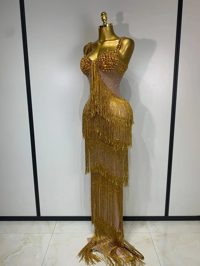 Shine in the Marsha rhinestone bodycon long dress. Elegant sheer evening gown for birthdays, prom, parties, and glamorous photoshoots.