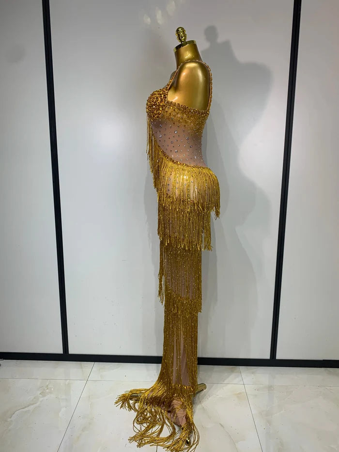 Shine in the Marsha rhinestone bodycon long dress. Elegant sheer evening gown for birthdays, prom, parties, and glamorous photoshoots.