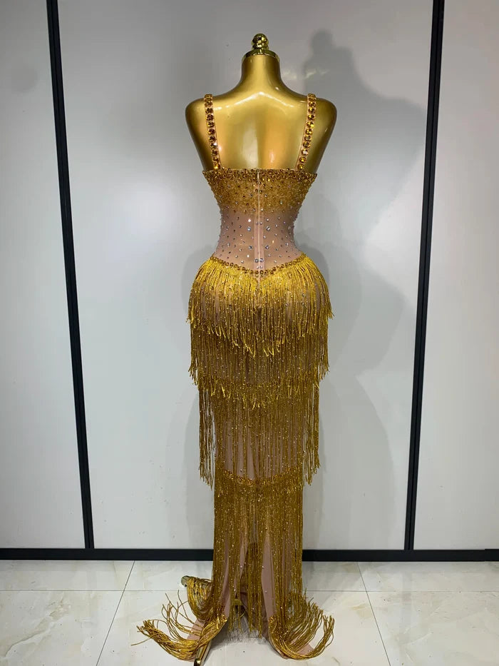Shine in the Marsha rhinestone bodycon long dress. Elegant sheer evening gown for birthdays, prom, parties, and glamorous photoshoots.