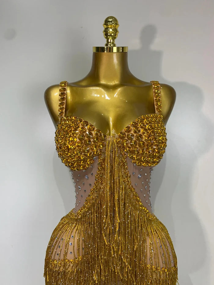 Shine in the Marsha rhinestone bodycon long dress. Elegant sheer evening gown for birthdays, prom, parties, and glamorous photoshoots.