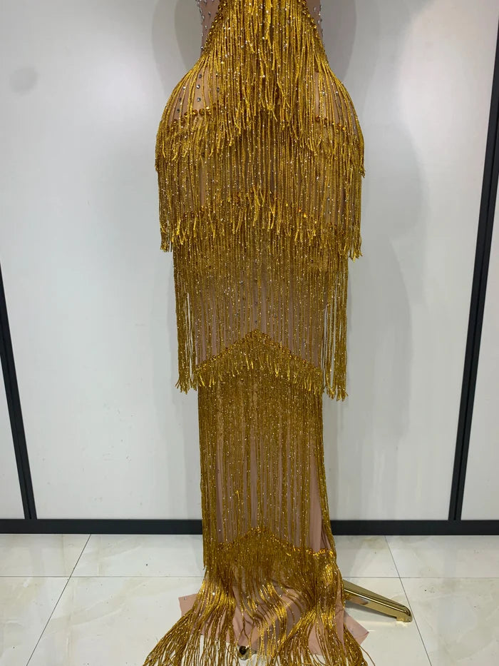 Shine in the Marsha rhinestone bodycon long dress. Elegant sheer evening gown for birthdays, prom, parties, and glamorous photoshoots.