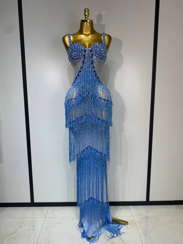 Shine in the Marsha rhinestone bodycon long dress. Elegant sheer evening gown for birthdays, prom, parties, and glamorous photoshoots.