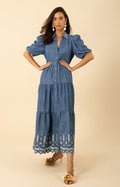 Martha Embroidered Chambray Maxi Dress, color-blue