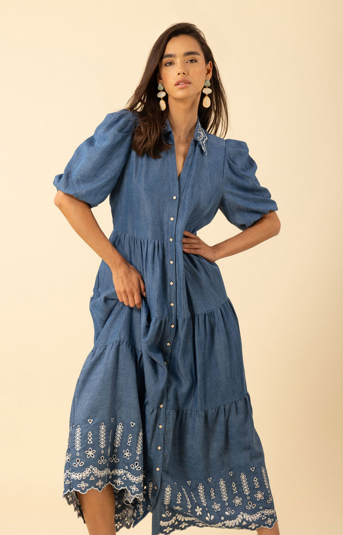 Martha Embroidered Chambray Maxi Dress, color-blue