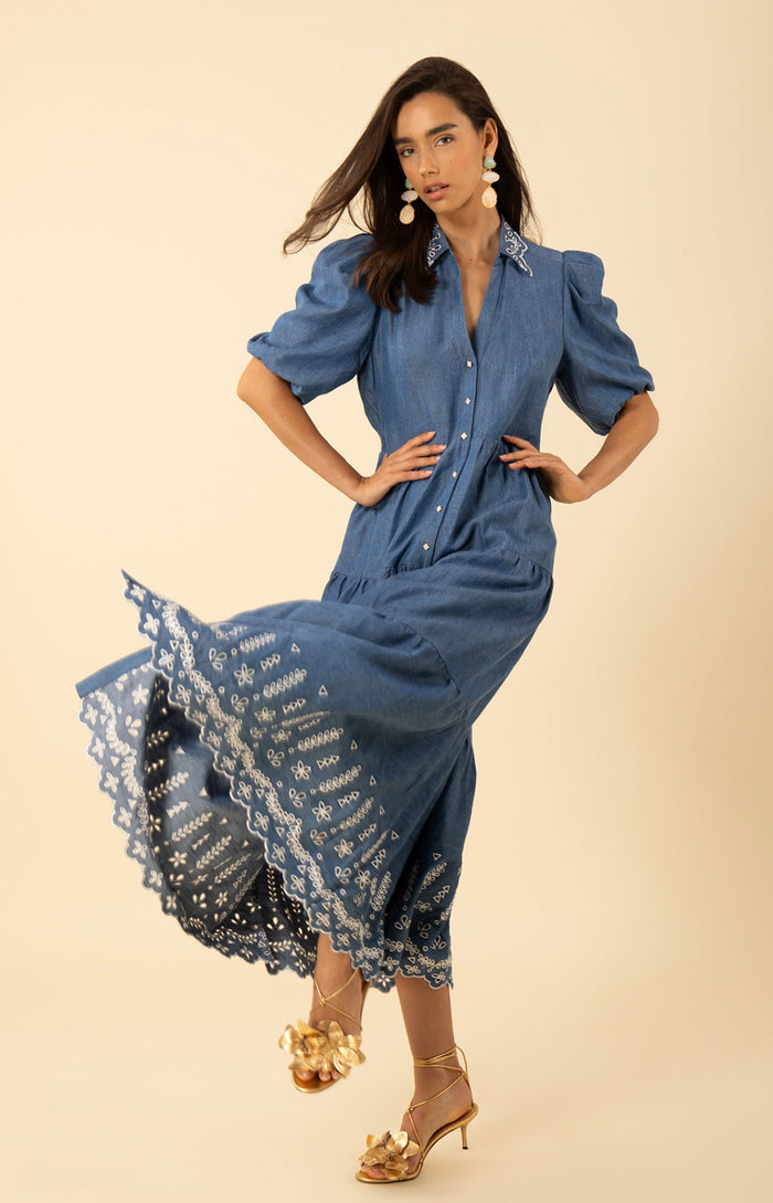 Martha Embroidered Chambray Maxi Dress, color-blue