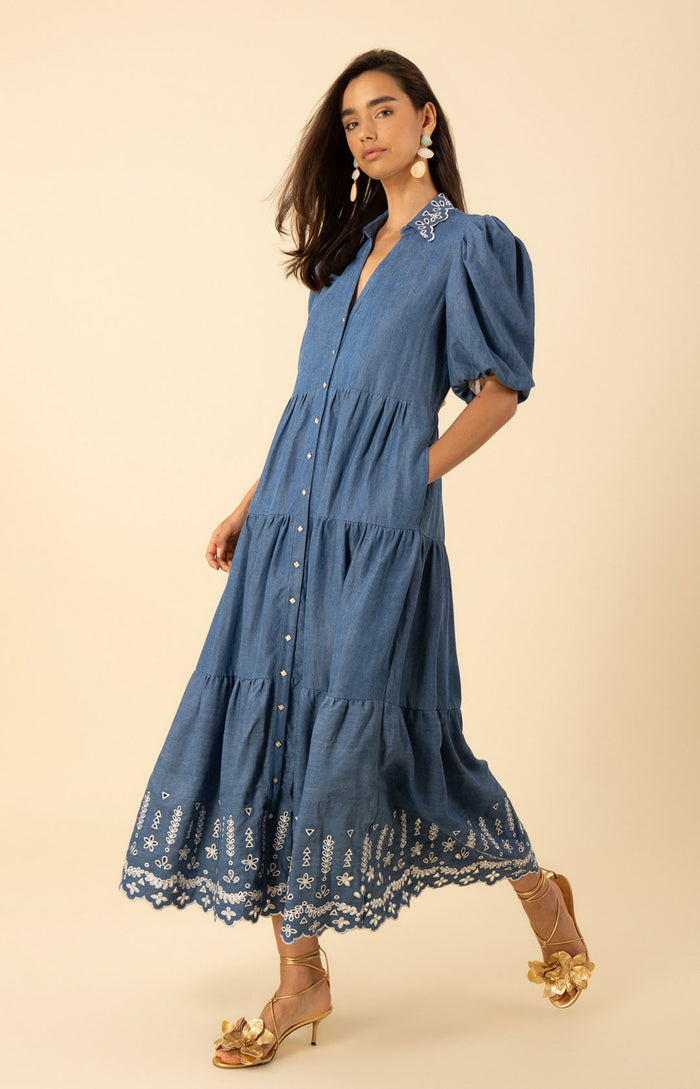 Martha Embroidered Chambray Maxi Dress, color-blue