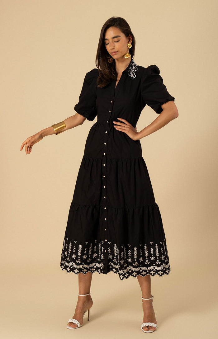 Martha Embroidered Poplin Maxi Dress, color-black