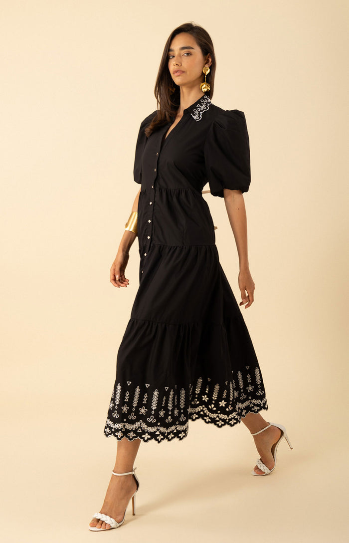 Martha Embroidered Poplin Maxi Dress, color-black