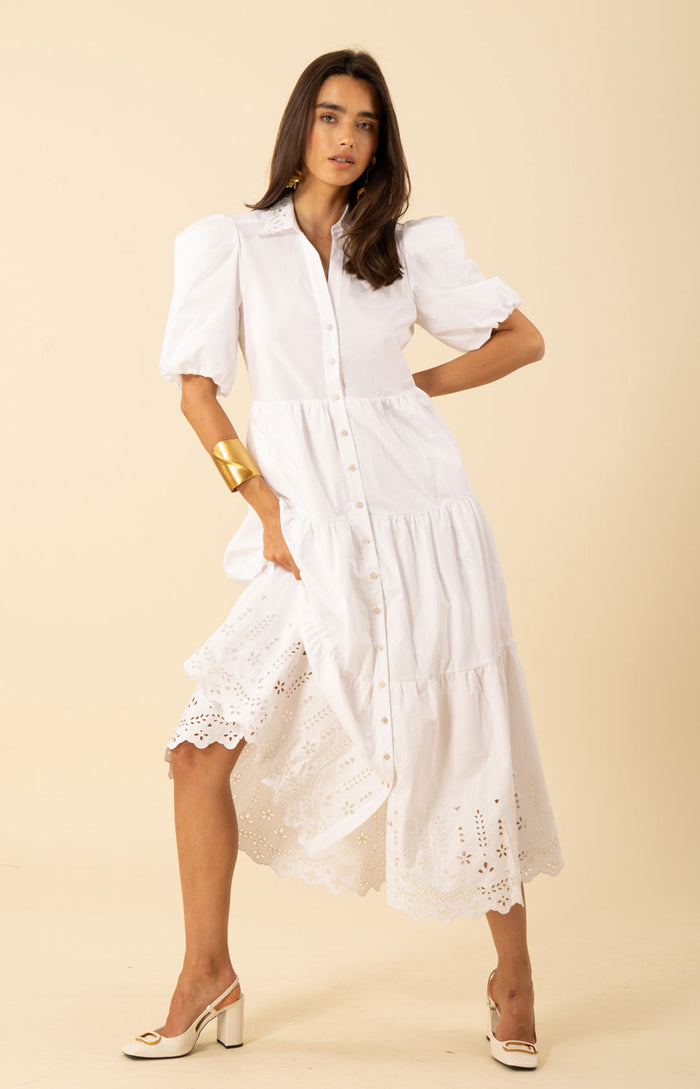 Martha Embroidered Poplin Maxi Dress, color-white