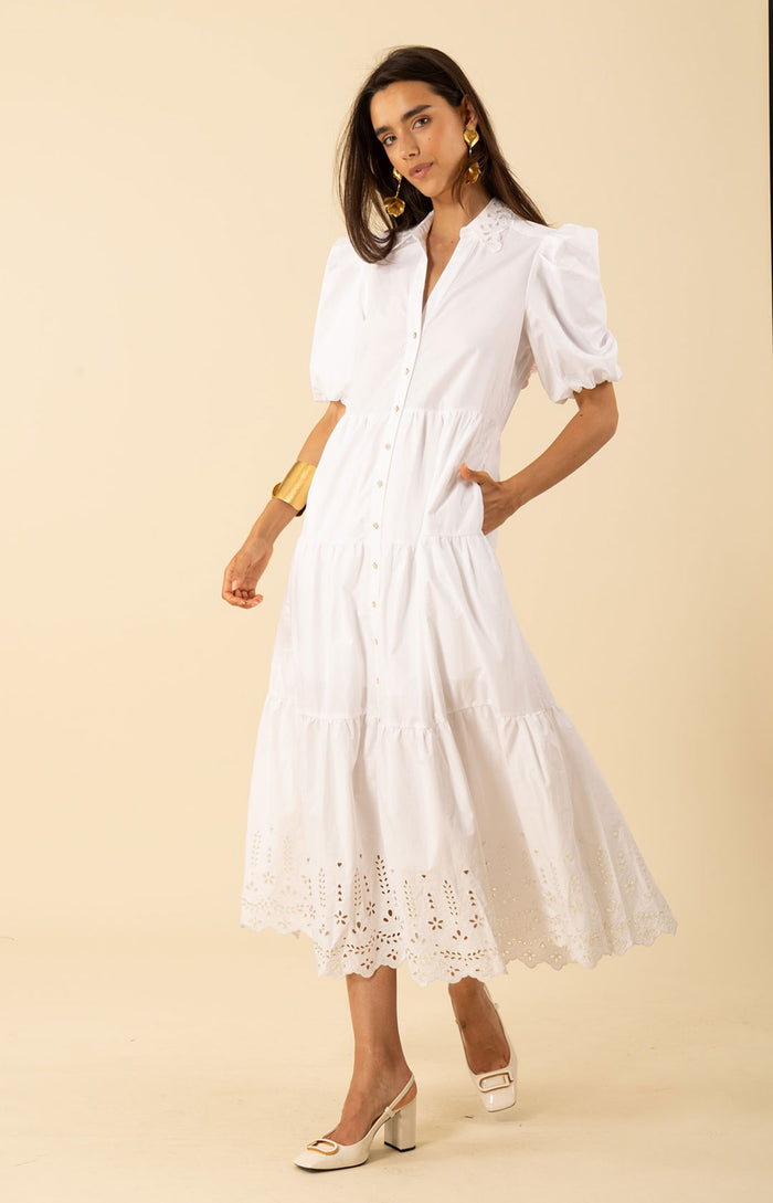 Martha Embroidered Poplin Maxi Dress, color-white