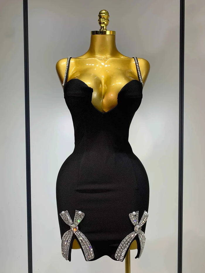 Mary V Neck Beaded Black Mini Bandage Dress