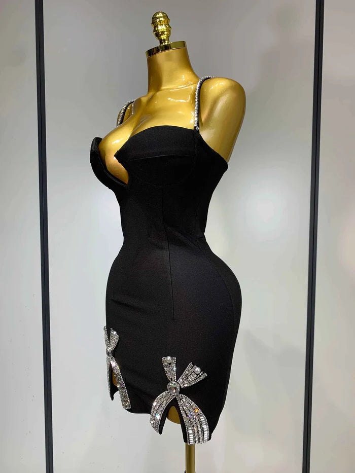 Mary V Neck Beaded Black Mini Bandage Dress