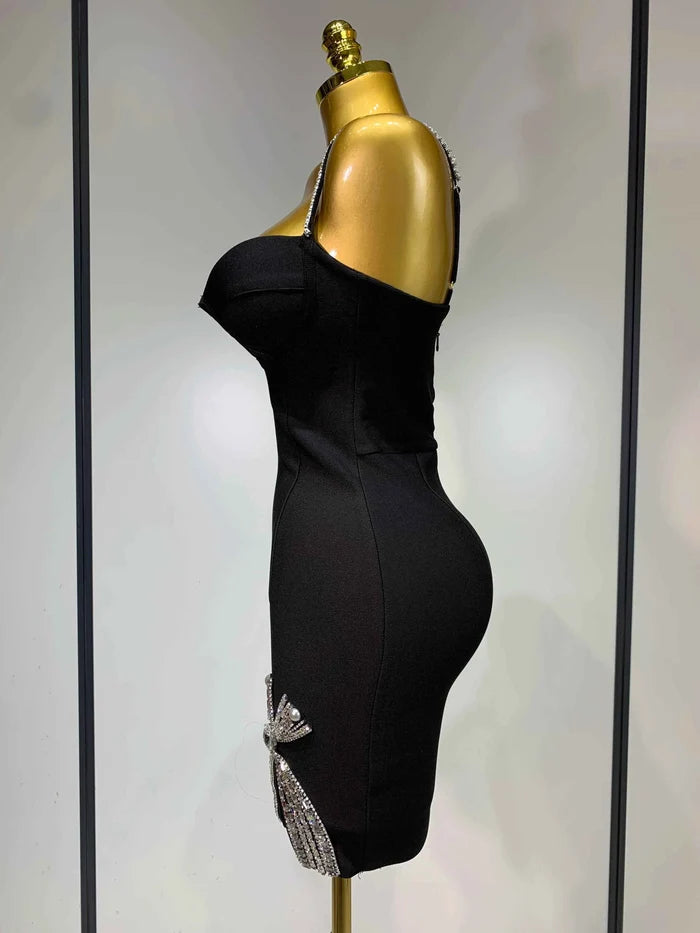 Mary V Neck Beaded Black Mini Bandage Dress