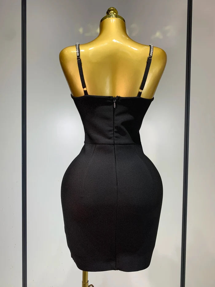 Mary V neck beaded black mini bandage dress for women. Elegant luxury party outfit for clubs, birthdays, and evening events.