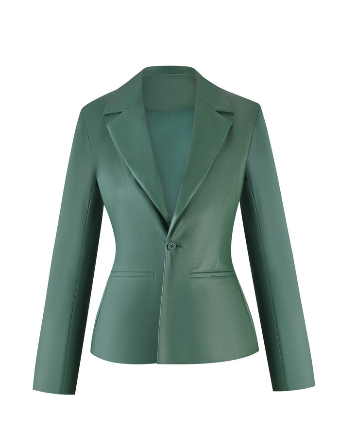 The MCKAY BLAZER - GREEN from TIGERMIST boasts a single-button closure and is designed with notched lapels, long sleeves, and a fitted silhouette, giving it a sleek and professional appearance.