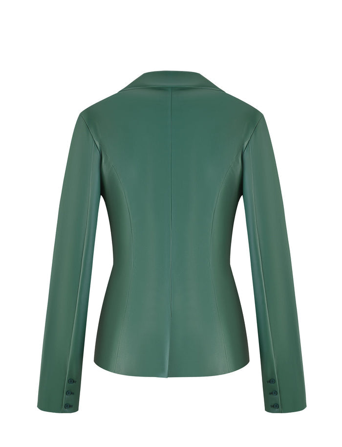 The MCKAY BLAZER - GREEN by TIGERMIST is viewed from the back, showcasing its long sleeves and tailored fit with buttoned sleeve cuffs. This blazer has a clean, simplistic design accentuated with seams for shaping.