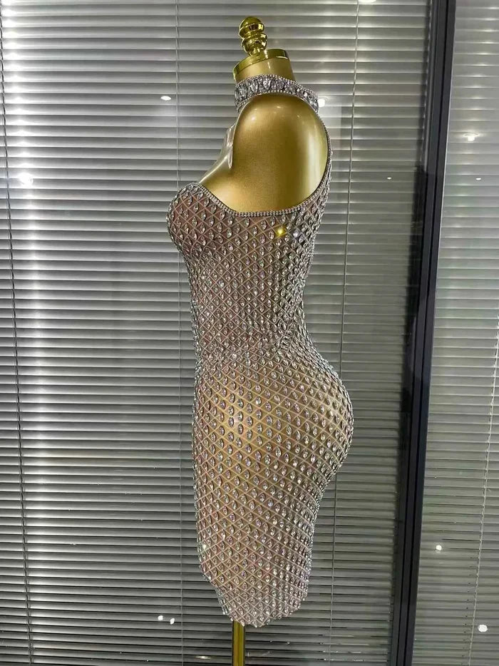 Mea Crystal Mesh Halter Off Shoulder Bodycon Mini Dress