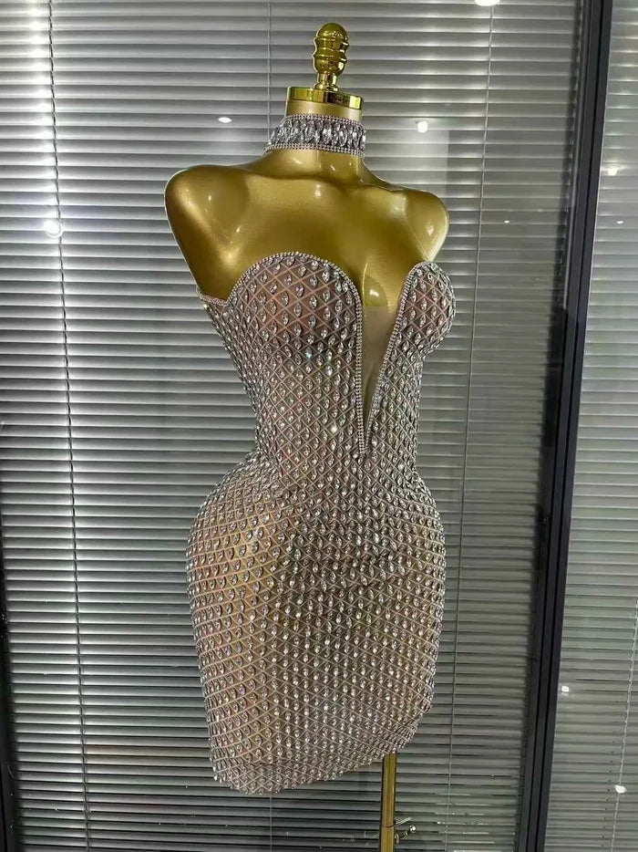 Mea Crystal Mesh Halter Off Shoulder Bodycon Mini Dress