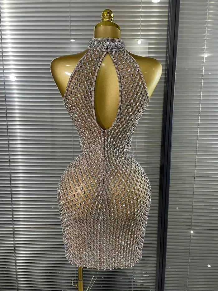 Mea crystal mesh halter off shoulder bodycon mini dress for women. Sparkly party outfit for birthdays and evening events.