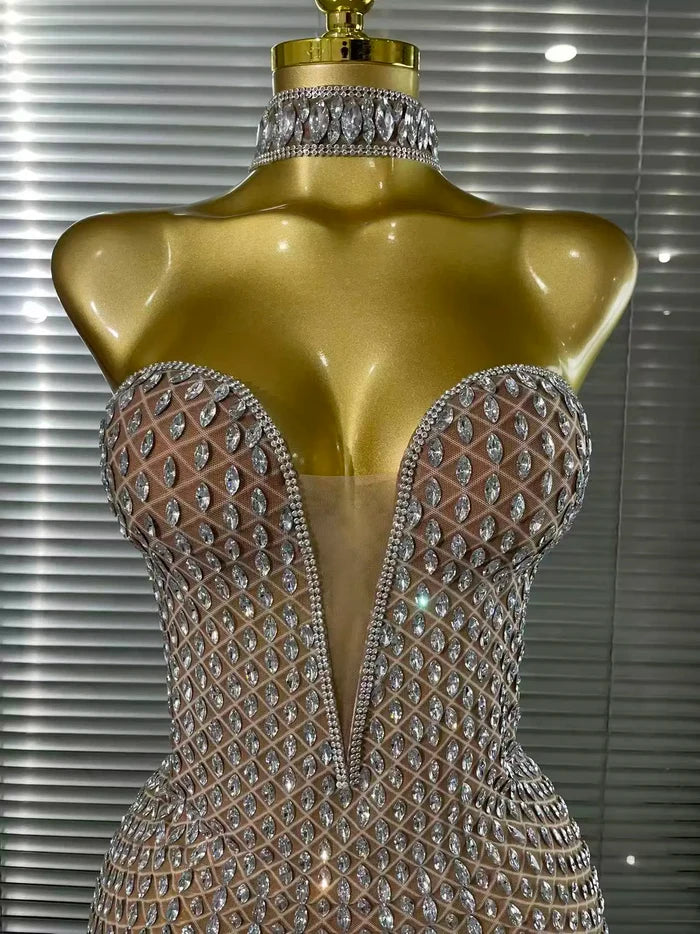 Mea crystal mesh halter off shoulder bodycon mini dress for women. Sparkly party outfit for birthdays and evening events.