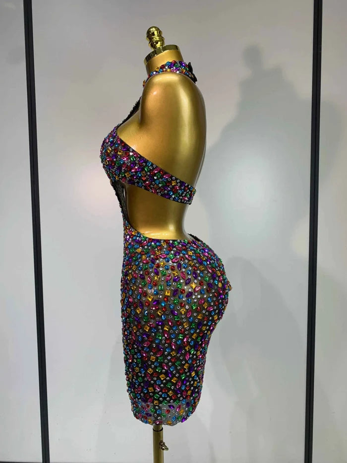Meadow Multi-Color Diamond-Embellished Halter Mini Dress