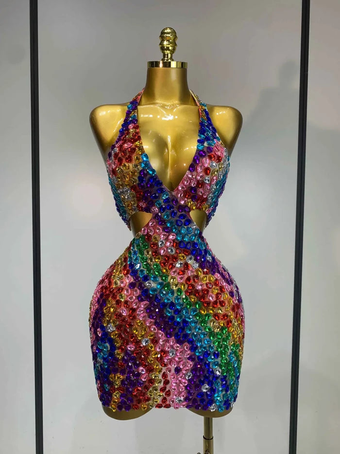 Megan Halter Colorful Diamonds Backless Mini Dresses