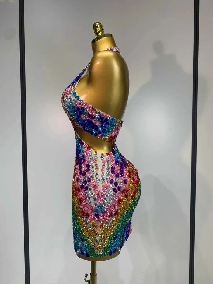 Megan Halter Colorful Diamonds Backless Mini Dresses