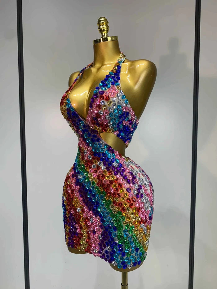 Megan Halter Colorful Diamonds Backless Mini Dresses