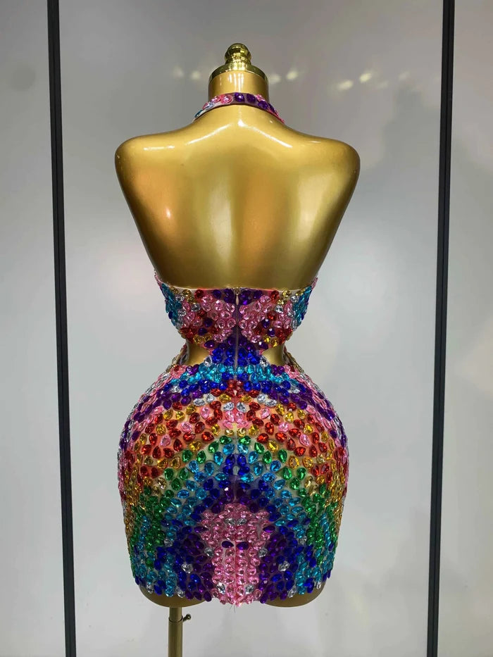 Megan Halter Colorful Diamonds Backless Mini Dresses