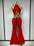 Meghan Red Rhinestone Cut-Out Bandage Two-Piece Pants Set for Women
