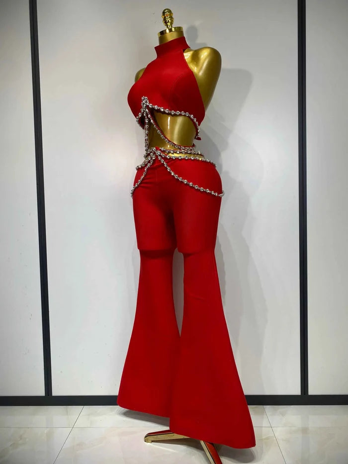Meghan Red Rhinestone Cut-Out Bandage Two-Piece Pants Set for Women